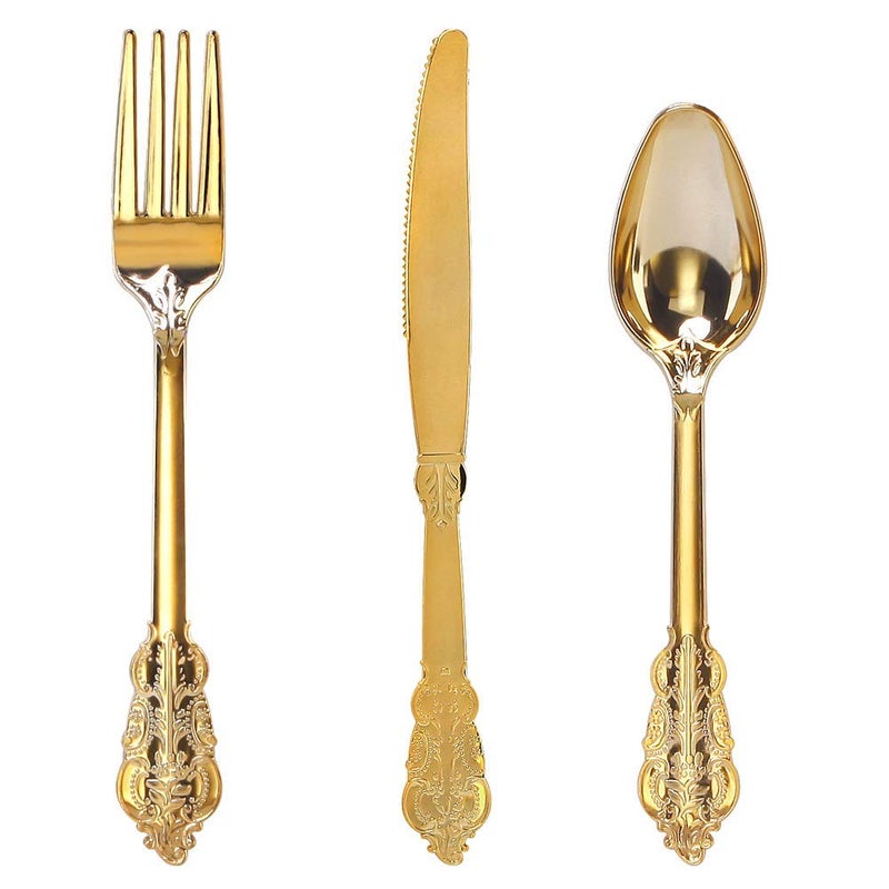 WDF 300 Pieces Gold Plastic Silverware Disposable - Heavy Duty Plastic Cutlery - Gold Silverware Sets Includes 100 Forks, 100 Spoons, 100 Knives for Valentine's Day - Image 1